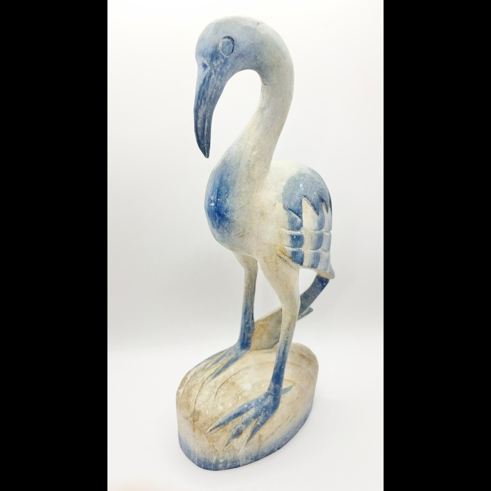13" Blue White Stork Crane Flamingo Bird Hand Carved Wood Handmade Figure Statue